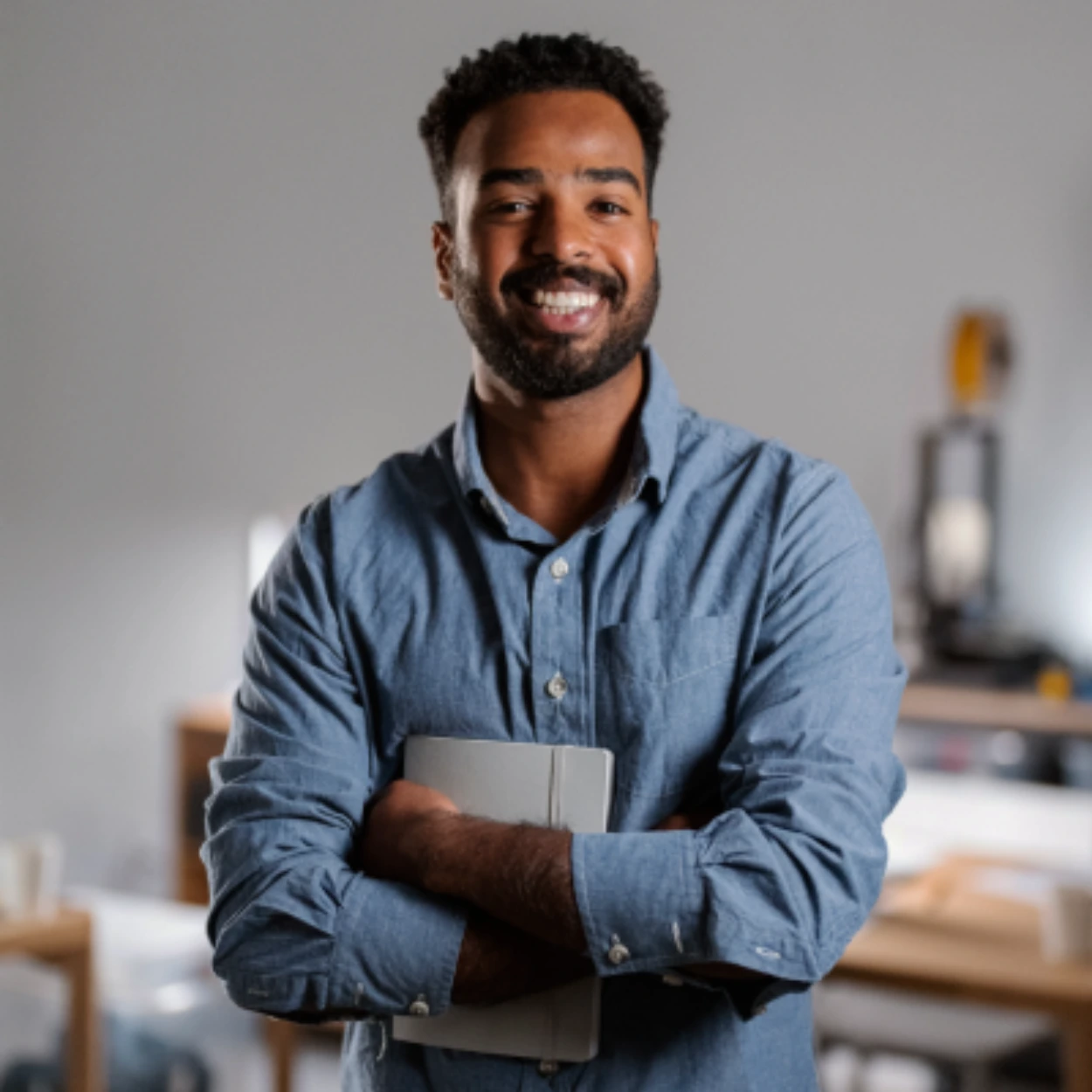 Homem sorridente de pele escura e barba, usando camisa azul, segurando um tablet com os braços cruzados em ambiente de escritório.
